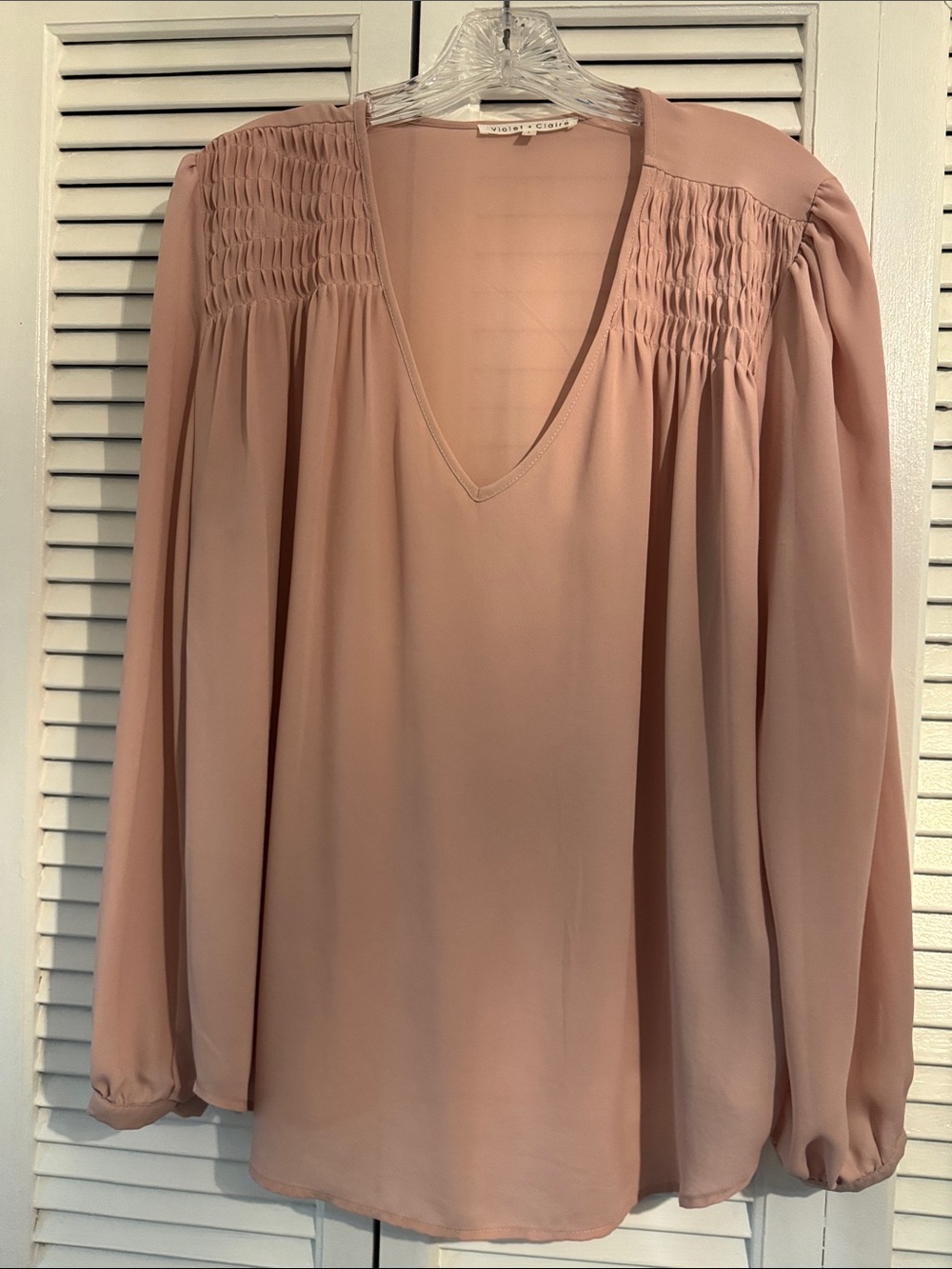 Violet & Claire Blush Pink Smocked-Yoke V-Neck Blouse